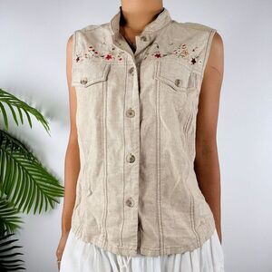 Vintage Y2K Tan Floral Cottagecore Granola Girl Button Up Vest Sleeveless Top /M